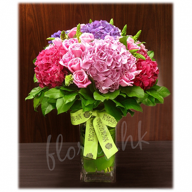 A42   玻璃樽花 - 雜色繡球、粉玫瑰
